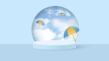 Round podium for displaying products during the rainy season. Design with realistic clouds and flying colorful umbrellas. vector