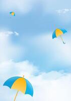 Poster template for Great Monsoon Sale design with colorful umbrellas and clouds. Vertical position. vector