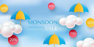 Monsoon Sale offers banner template header with realistic clouds and colorful umbrellas in the sky. vector