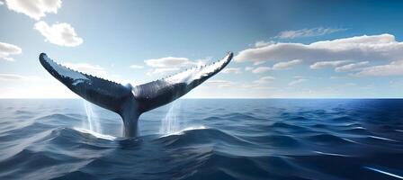 A giant whale is showing its tail in ocean with sky background photo