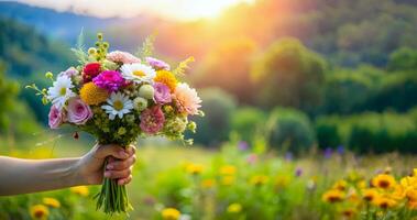 A beautiful flower bouquet is being offered in a garden resenting concept like Valentine's day photo