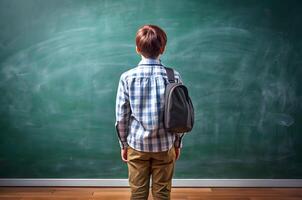 A kid student is standing in front of an empty chalkboard in school photo