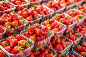 Red strawberry packets are arranged in a grocery mall photo