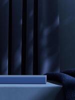 Minimal pedestal with dark blue fabric and curtain on blue base. abstract background for product presentation. 3D illustration photo