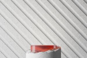 White stone with red glass top and white cement backdrop. Abstract background for product presentation. 3D illustration photo