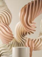 Beige platform with wavy twisted creams. Abstract background for cosmetic or soft cream. 3D illustration photo