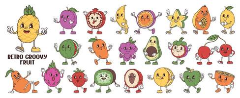 retro maravilloso antropomórfico dibujos animados frutas gracioso caracteres bayas y frutas en de moda estilo. pegatinas recopilación. vector