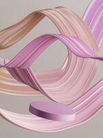 Pink platform float in air with abstract spiral curves background. 3D illustration photo