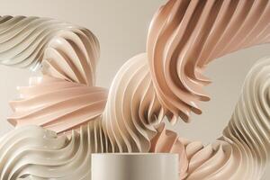 Beige platform with wavy twisted creams. Abstract background for cosmetic or soft cream. 3D illustration photo