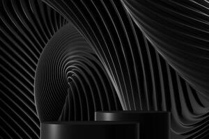 Two black podium with abstract wavy pattern background. 3D illustration photo
