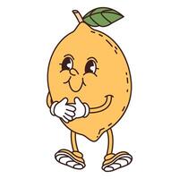 Retro groove funny fruit. Naughty anthropomorphic character yellow lemon on white background vector