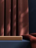 Minimal pedestal with red fabric and curtain on dark blue base. abstract background for product presentation. 3D illustration photo