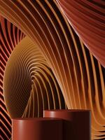 Two red brown podium with abstract wavy pattern background. 3D illustration photo
