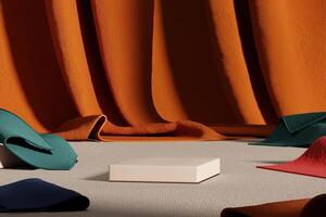 Beige platform on fabric scene, Abstract background for product presentation. 3D illustration photo