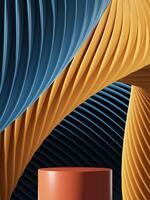 The brown podium with abstract two tone wavy pattern background. 3D illustration photo