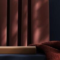 Minimal pedestal with red fabric and curtain on dark blue base. abstract background for product presentation. 3D illustration photo