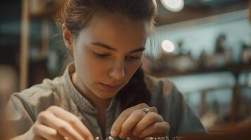 A young woman, sitting, works on jewelry with fur, using her thumb and gestures photo