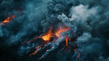 A volcanic event with smoke, heat, and gas polluting the landscape from above photo