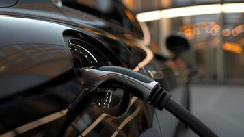 An electric car is getting charged at a charging station photo