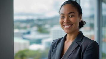 Professional Female Executive Smiling in Modern Corporate Office Environment - Ideal for Business Promotions and Corporate Profiles photo