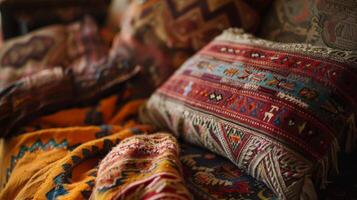 a pillow is sitting on top of a pile of blankets on a bed photo