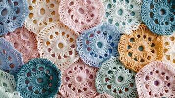 Creative arts meet natural materials in a stack of colorful crocheted flowers photo