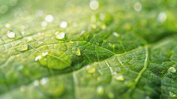 Macro photography of a green leaf with water drops photo