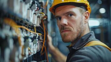 Man wearing a hard helmet is working on a machine in a factory photo