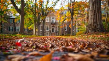 Leaves cover the ground in front of the building, creating a natural landscape photo