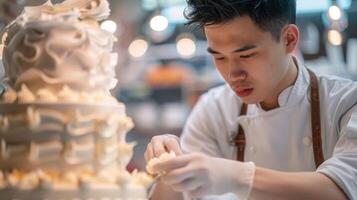 un hombre es compartiendo su Arte de comida edificio a un divertido cocina evento foto