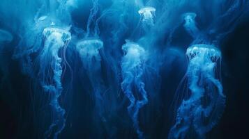 Electric blue jellyfish gracefully glide underwater photo