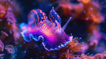 Electric blue sea slug is gliding through the underwater coral reef photo