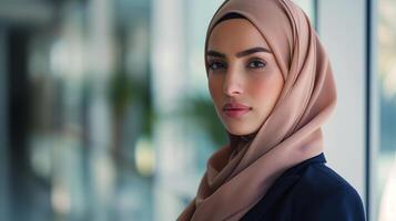 confidente joven musulmán mujer en hijab en pie adentro, profesional negocio retrato para lugar de trabajo diversidad foto