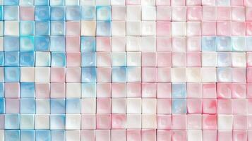 Close up of a pink and azure checkered pattern on a wall, resembling textile art photo