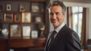 Professional Businessman Smiling in Elegant Office Setting Corporate Headshot for Business Marketing and Promotions photo