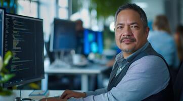 Middle-aged Developer Working on Code in Modern Office photo