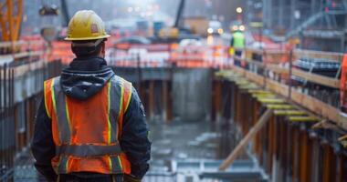 construcción trabajador en difícil sombrero y la seguridad chaleco a edificio sitio foto