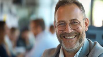 Confident Mature Businessman with Glasses Smiling in an Office Setting, Celebrating Professional Success and Leadership photo