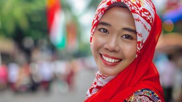 un mujer en un rojo hijab es sonriente, demostración felicidad y alegría para el cámara foto