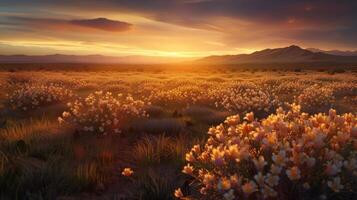 puesta de sol terminado un campo de flores con montañas en antecedentes foto