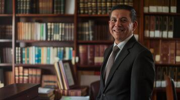 Confident Professional Businessman Standing in Library Office, Corporate Setting, Suited for Print, Card, and Poster Design photo