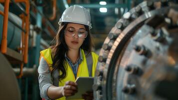 An engineer in hard hat and safety vest is checking a tablet at the factory photo