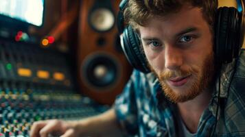 A man in headphones sits in front of a sound board in a recording studio photo