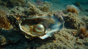 In the ocean, a pearlbearing oyster rests on the sandy seabed photo