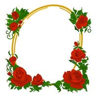 Rounded floral frame with red roses and leaves isolated on white background vector