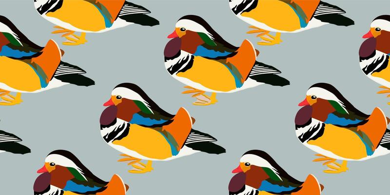 Mandarin duck. seamless pattern with bright birds on light grey-blue background