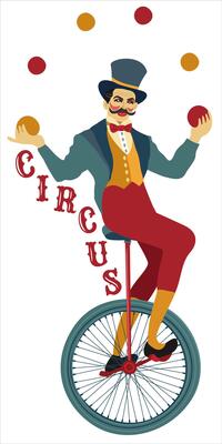 Juggler on unicycle. Circus performer. Petro isolated illustration