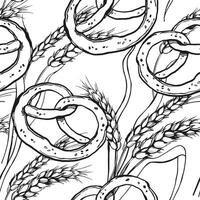 seamless pattern of ears of wheat, bakery pretzel or bretzel, hand drawn sketch of crispy bread with sesame seed branches of wheat, agriculture theme, black and white sketch white background vector