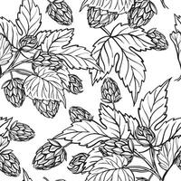 Hand drawn seamless pattern with hop plant, leaves and buds, craft beer ingredients, black and white illustration of branch humulus lupulus, inked illustration isolated on white background vector