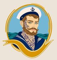 marinero. retrato de joven hombre con tatuajes en naval uniforme en mar antecedentes en redondeado decorativo marco vector